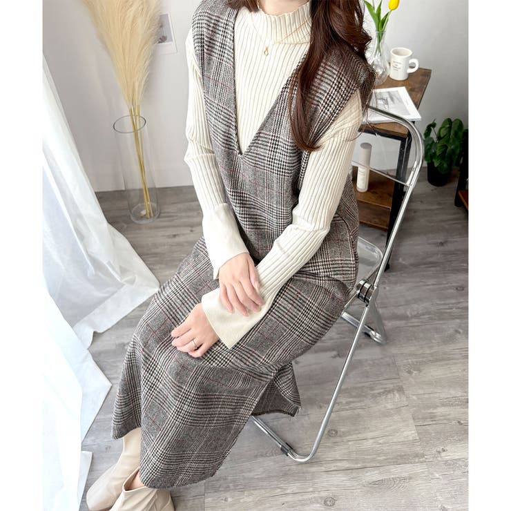 チェック柄Vネックロングジャンパースカート レディース 春秋冬 | Amulet | 詳細画像22 