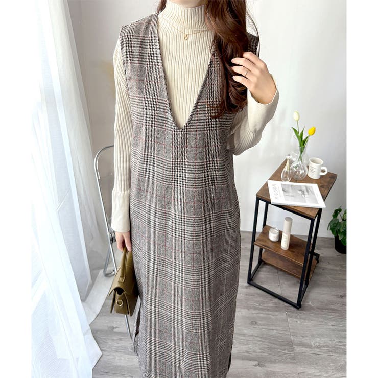 チェック柄Vネックロングジャンパースカート レディース 春秋冬 | Amulet | 詳細画像23 