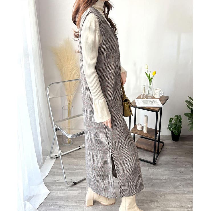 チェック柄Vネックロングジャンパースカート レディース 春秋冬 | Amulet | 詳細画像24 