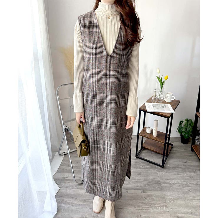 チェック柄Vネックロングジャンパースカート レディース 春秋冬 | Amulet | 詳細画像25 