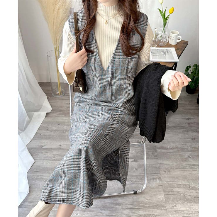 チェック柄Vネックロングジャンパースカート レディース 春秋冬 | Amulet | 詳細画像3 