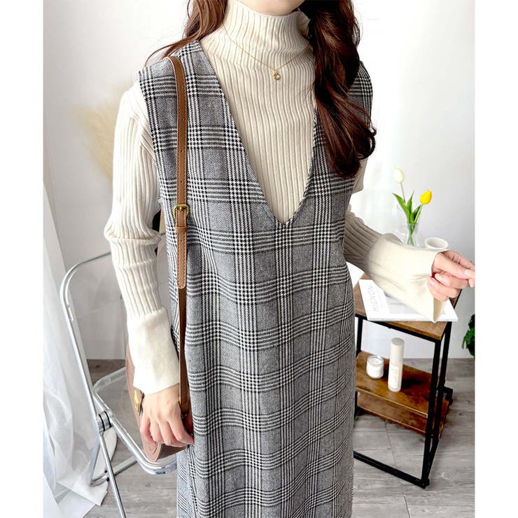 チェック柄Vネックロングジャンパースカート レディース 春秋冬 | Amulet | 詳細画像4 