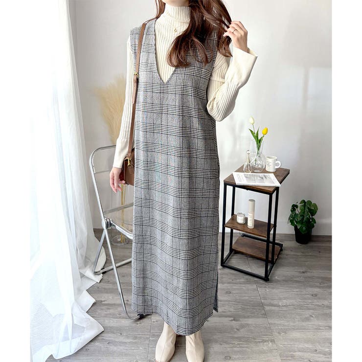 チェック柄Vネックロングジャンパースカート レディース 春秋冬 | Amulet | 詳細画像6 