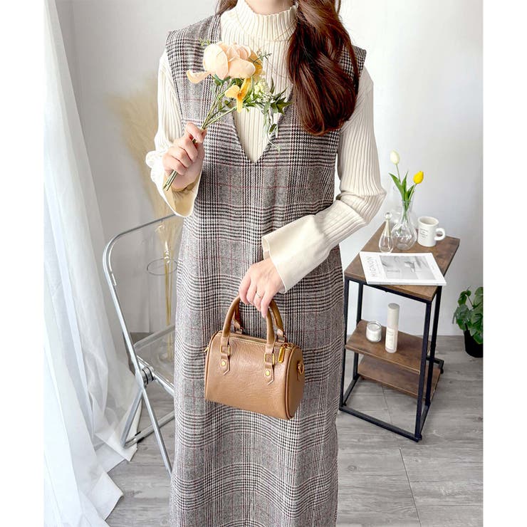 レッド | チェック柄Vネックロングジャンパースカート レディース 春秋冬 | Amulet