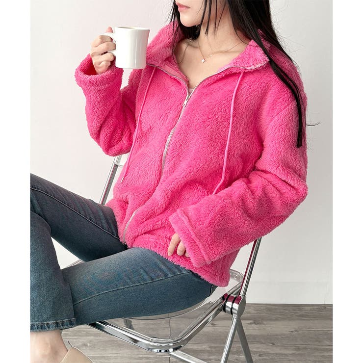 ピンク | ソフトボアブルゾン ふんわり軽い ジップアップアウター | Amulet