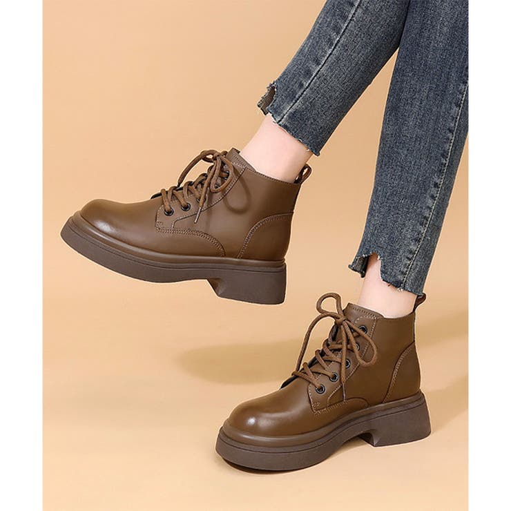 ブラウン | レースアップ厚底ショートブーツ レディース カジュアル | Amulet