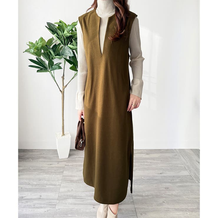 ナチュラルキーネックジャンパースカート 体型カバー ロングワンピース | Amulet | 詳細画像4 