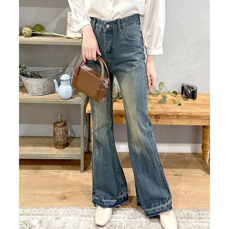 ブルー | デニムライクフレアパンツ 美脚 ロング | Amulet