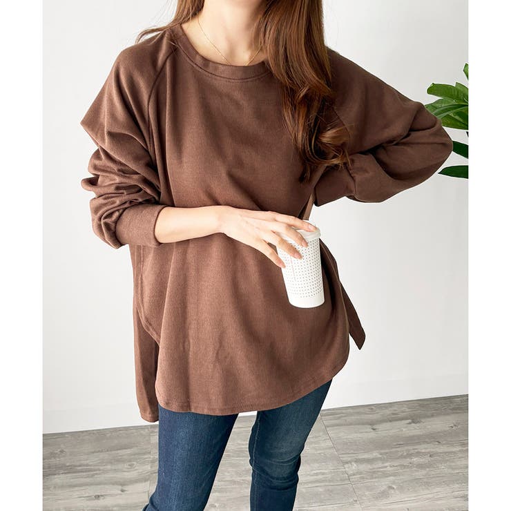 ダークブラウン | サイドスリットオーバーカットソー トップス 長袖 | Amulet