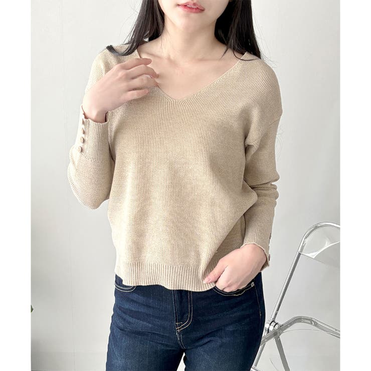 Vネック袖ボタンリブニット トップス 長袖 | Amulet | 詳細画像11 