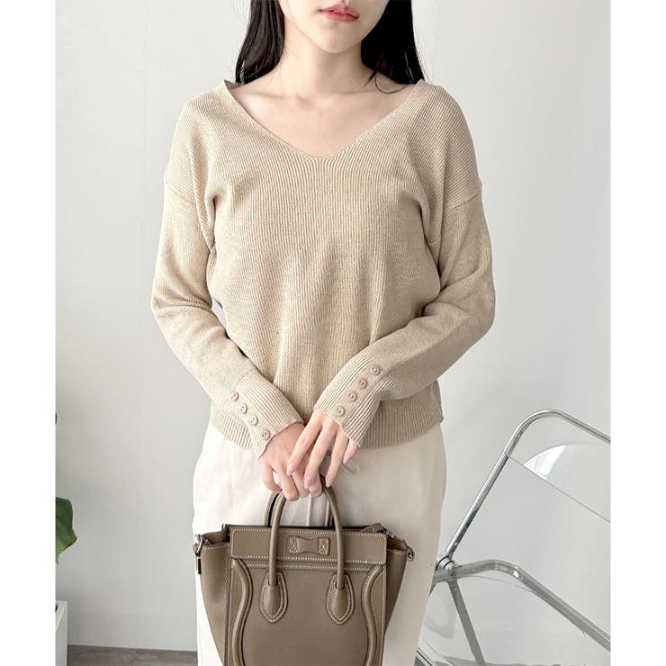 Vネック袖ボタンリブニット トップス 長袖 | Amulet | 詳細画像12 