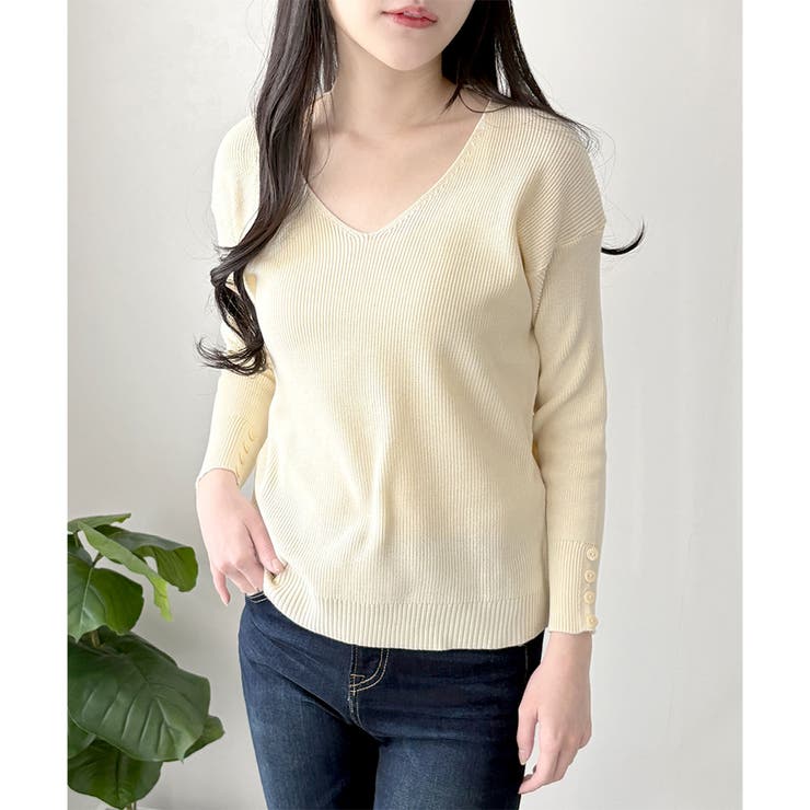 Vネック袖ボタンリブニット トップス 長袖 | Amulet | 詳細画像19 