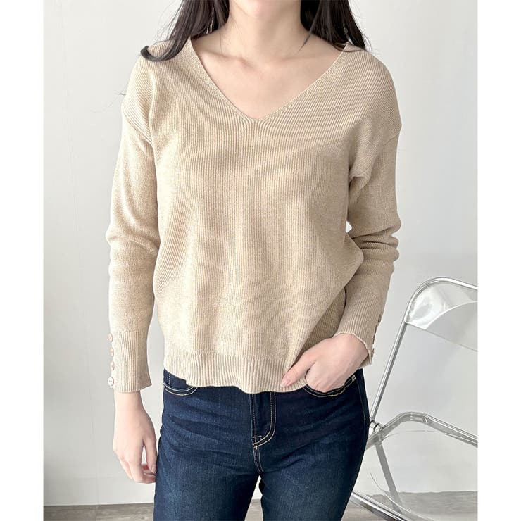 Vネック袖ボタンリブニット トップス 長袖 | Amulet | 詳細画像2 