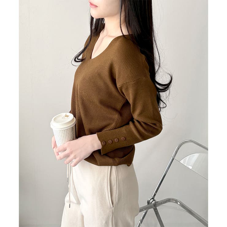 Vネック袖ボタンリブニット トップス 長袖 | Amulet | 詳細画像23 