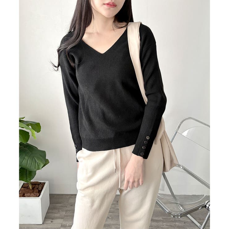 Vネック袖ボタンリブニット トップス 長袖 | Amulet | 詳細画像29 