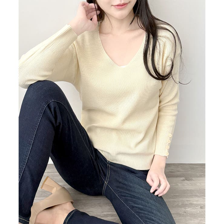 Vネック袖ボタンリブニット トップス 長袖 | Amulet | 詳細画像3 