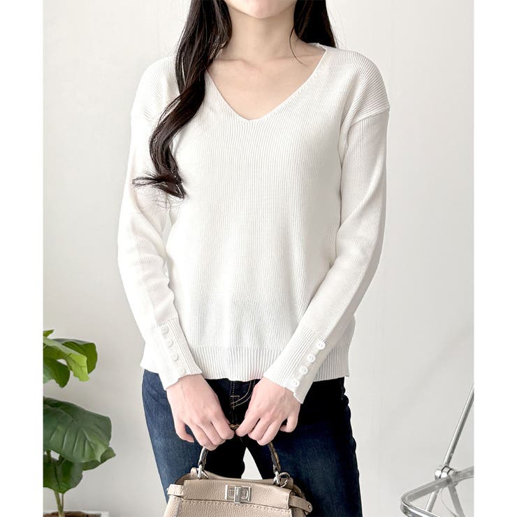 Vネック袖ボタンリブニット トップス 長袖 | Amulet | 詳細画像4 