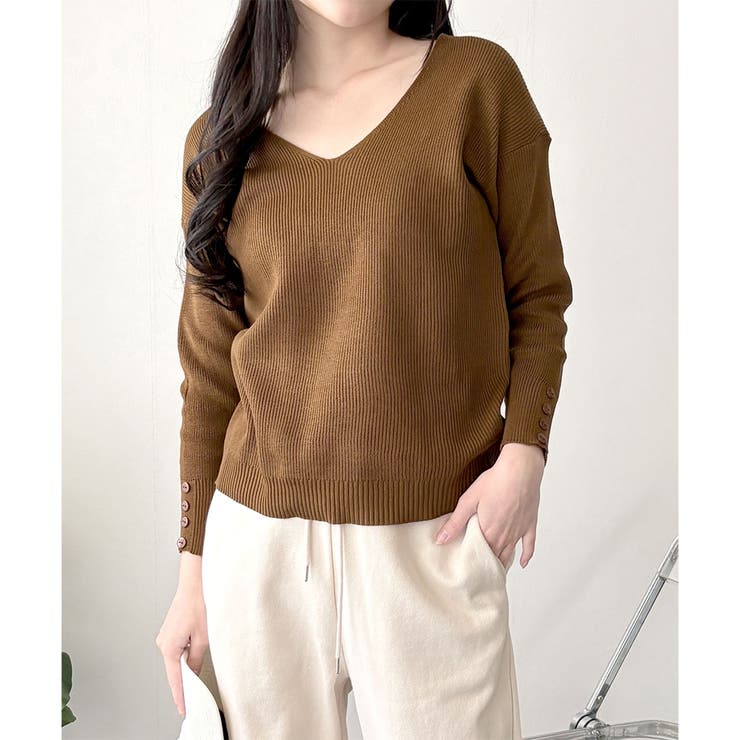 ブラウン | Vネック袖ボタンリブニット トップス 長袖 | Amulet