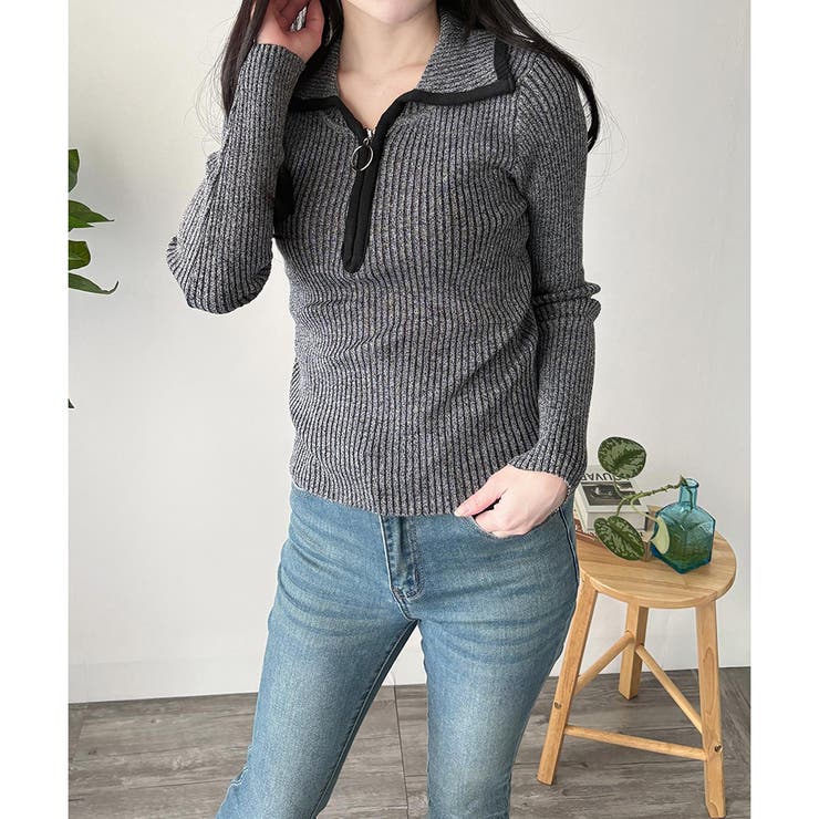 配色ハーフジップリブニット トップス 長袖 | Amulet | 詳細画像13 