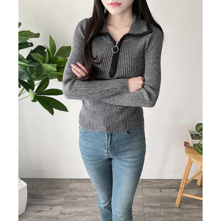 配色ハーフジップリブニット トップス 長袖 | Amulet | 詳細画像2 