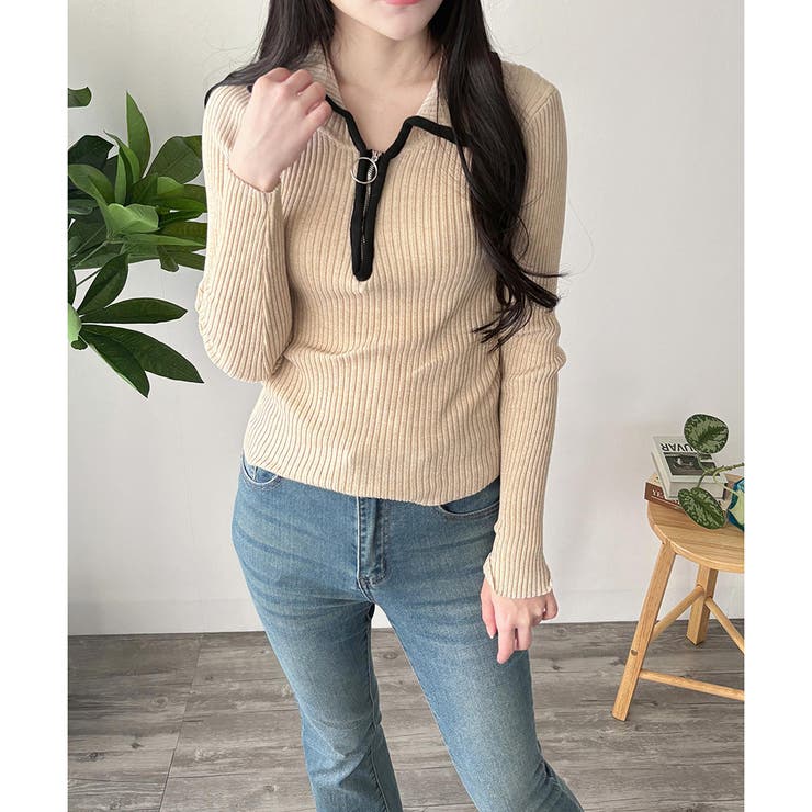 配色ハーフジップリブニット トップス 長袖 | Amulet | 詳細画像4 