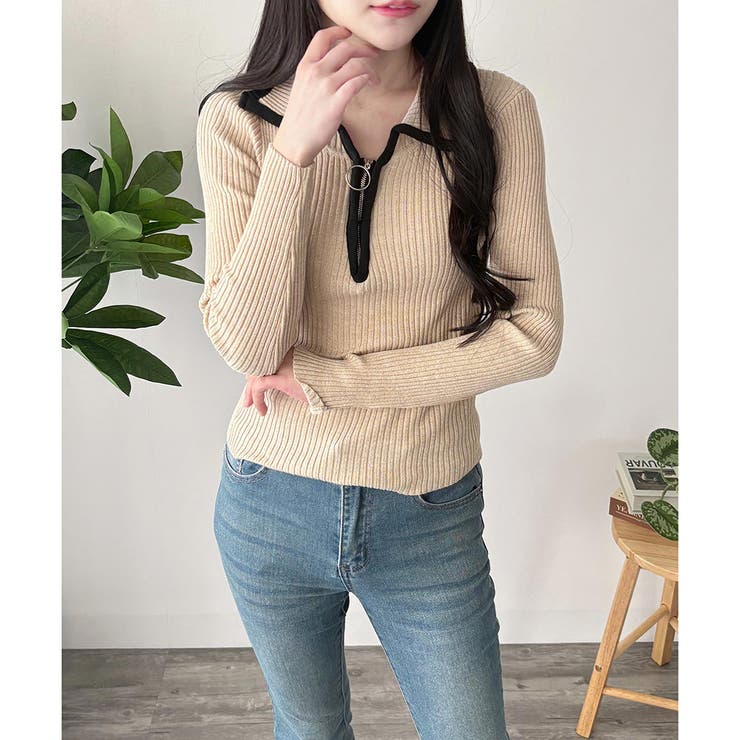 配色ハーフジップリブニット トップス 長袖 | Amulet | 詳細画像9 