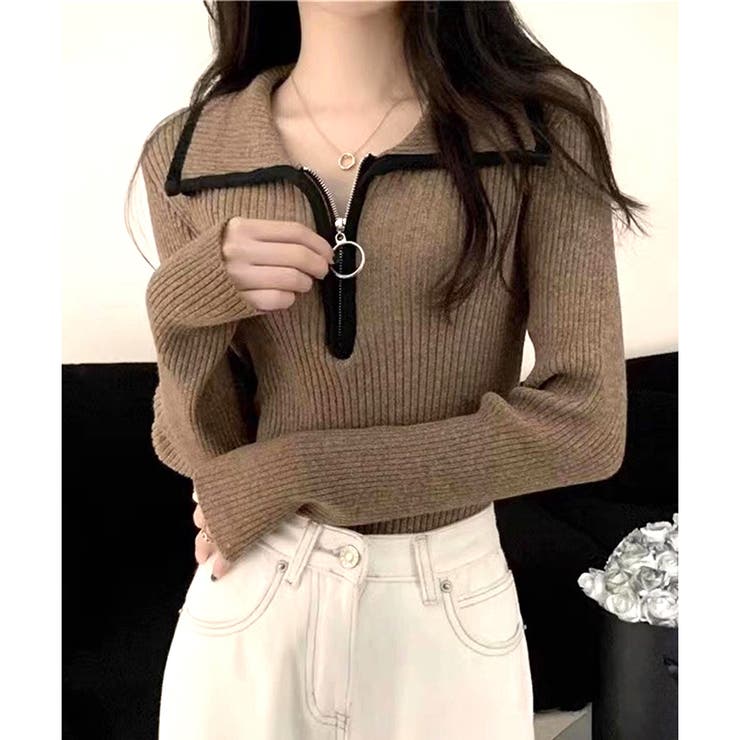 ブラウン | 配色ハーフジップリブニット トップス 長袖 | Amulet