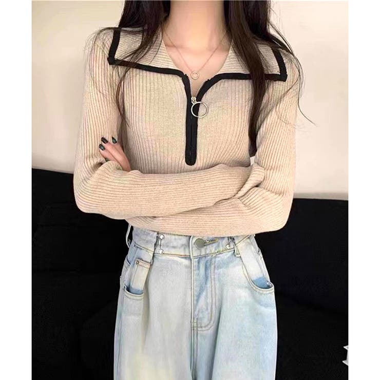 アイボリー | 配色ハーフジップリブニット トップス 長袖 | Amulet