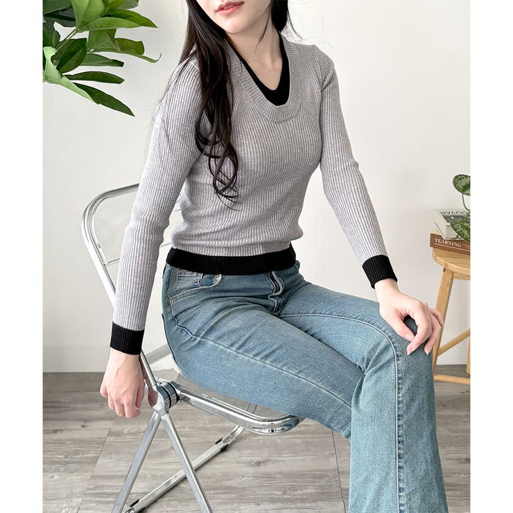 レイヤード風Vネックリブニット ニット トップス | Amulet | 詳細画像14 