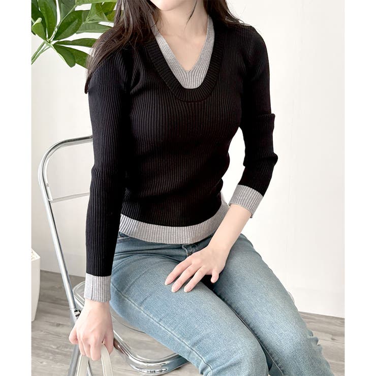 レイヤード風Vネックリブニット ニット トップス | Amulet | 詳細画像20 