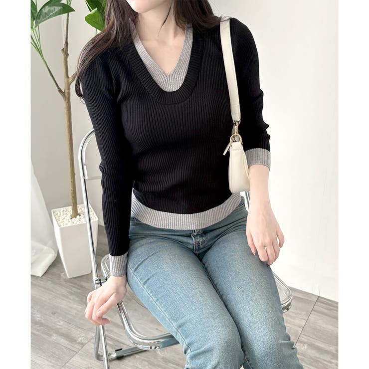 レイヤード風Vネックリブニット ニット トップス | Amulet | 詳細画像21 