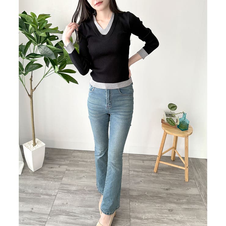 レイヤード風Vネックリブニット ニット トップス | Amulet | 詳細画像24 