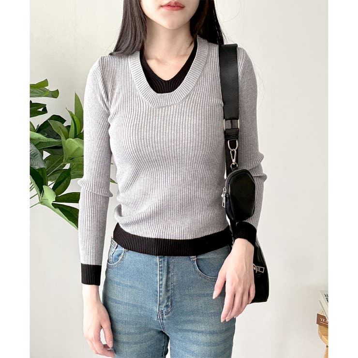 レイヤード風Vネックリブニット ニット トップス | Amulet | 詳細画像8 