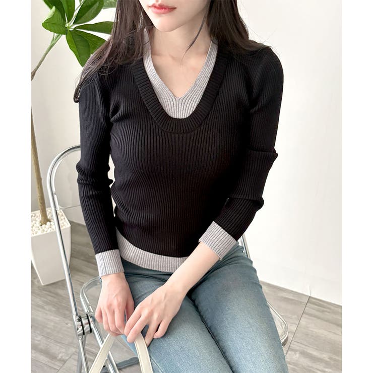 ブラック | レイヤード風Vネックリブニット ニット トップス | Amulet