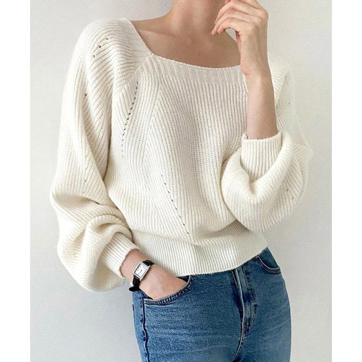 ホワイト | スクエアネックゆるニットセーター ニットプルオーバー リラックス | Amulet