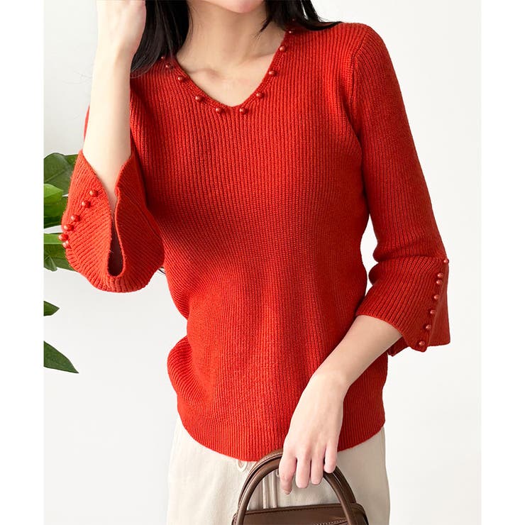 フェイクパールベルスリーブリブニット ニット トップス | Amulet | 詳細画像15 