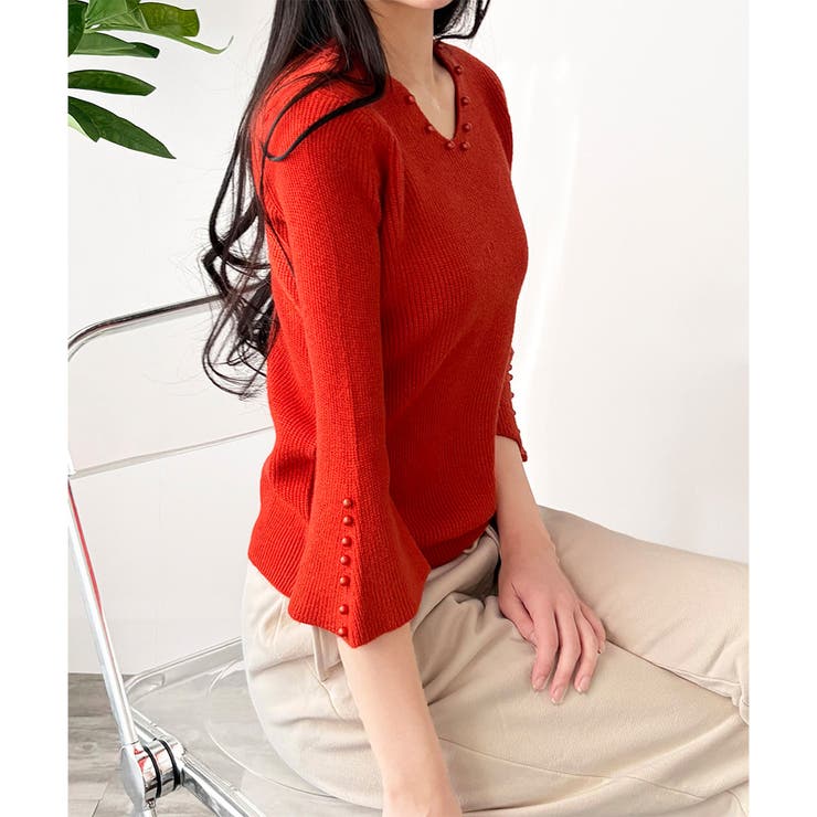 フェイクパールベルスリーブリブニット ニット トップス | Amulet | 詳細画像17 