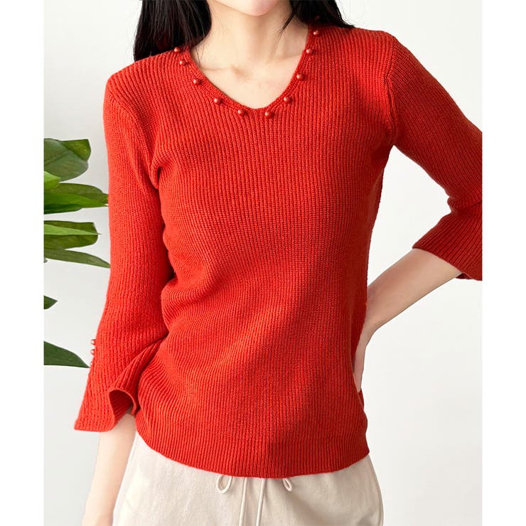 フェイクパールベルスリーブリブニット ニット トップス | Amulet | 詳細画像19 