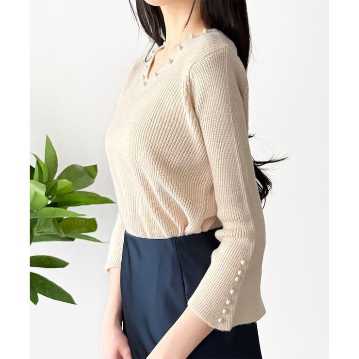 フェイクパールベルスリーブリブニット ニット トップス | Amulet | 詳細画像2 