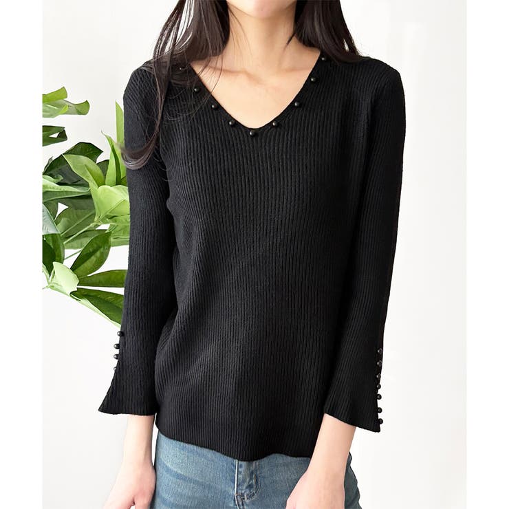 フェイクパールベルスリーブリブニット ニット トップス | Amulet | 詳細画像24 