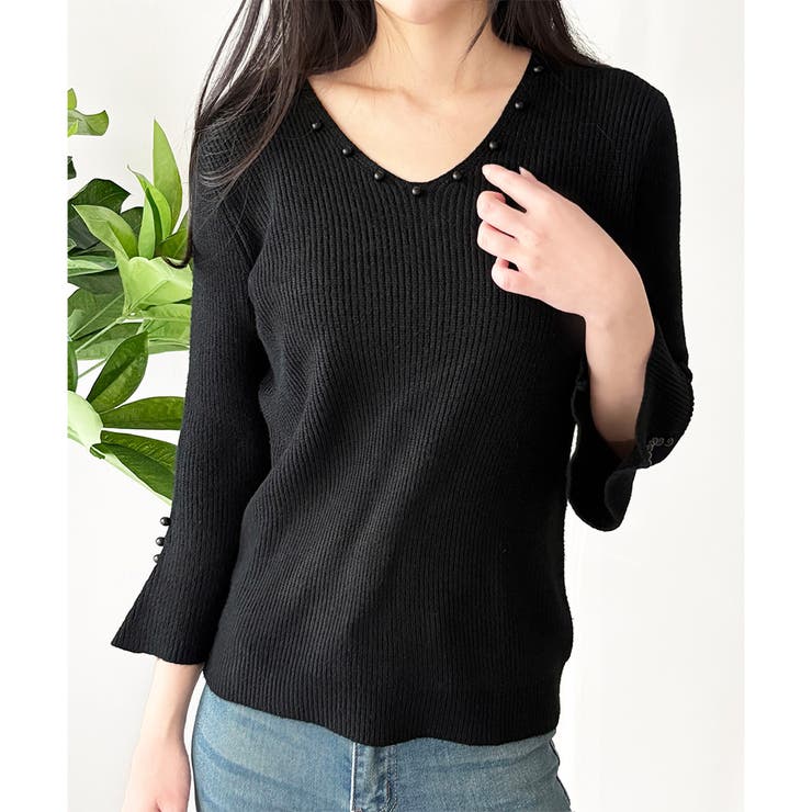 フェイクパールベルスリーブリブニット ニット トップス | Amulet | 詳細画像3 