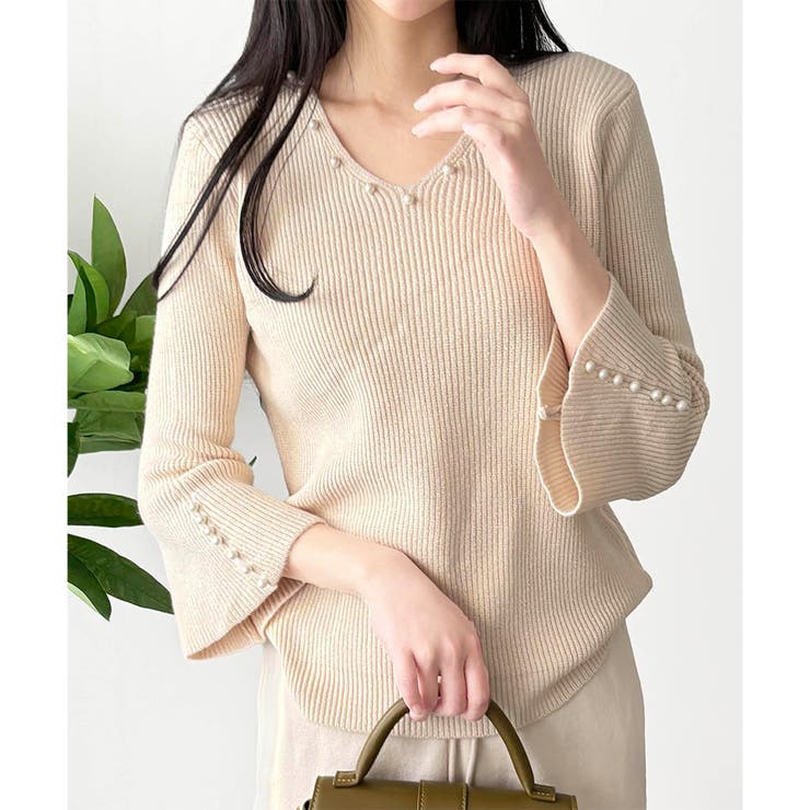 ベージュ | フェイクパールベルスリーブリブニット ニット トップス | Amulet