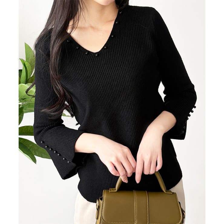 ブラック | フェイクパールベルスリーブリブニット ニット トップス | Amulet