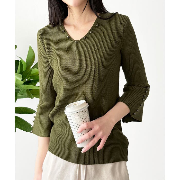 カーキ | フェイクパールベルスリーブリブニット ニット トップス | Amulet