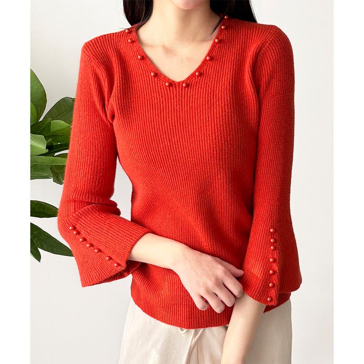 オレンジ | フェイクパールベルスリーブリブニット ニット トップス | Amulet