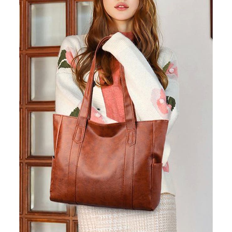 ブラウン | ソフトタッチフェイクレザートートバッグ レディース 肩掛け | Amulet