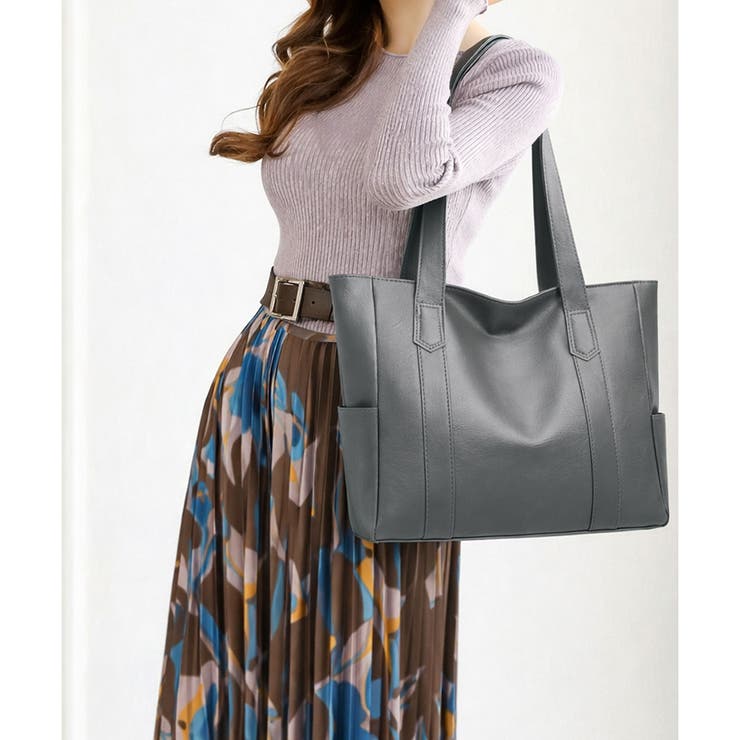 グレー | ソフトタッチフェイクレザートートバッグ レディース 肩掛け | Amulet