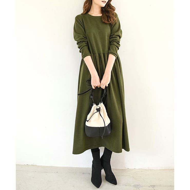 カーキ | ウエスト切替ロングワンピース レディース 長袖 | Amulet