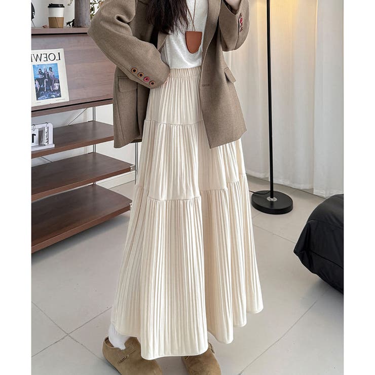 アイボリー | ティアードプリーツロングスカート レディース マキシ丈 | Amulet