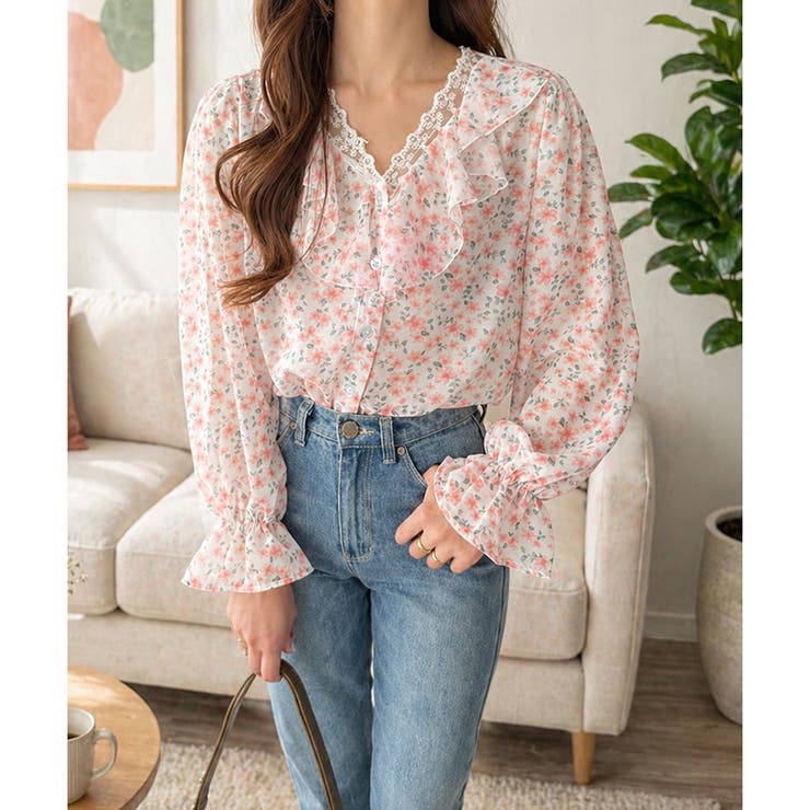 Vネックレース小花柄フリルブラウス レディース 長袖 | Amulet | 詳細画像20 
